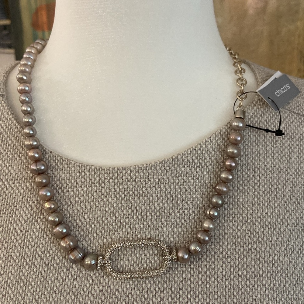 Chico's freshwater pearl necklace with pave link. New with tags.